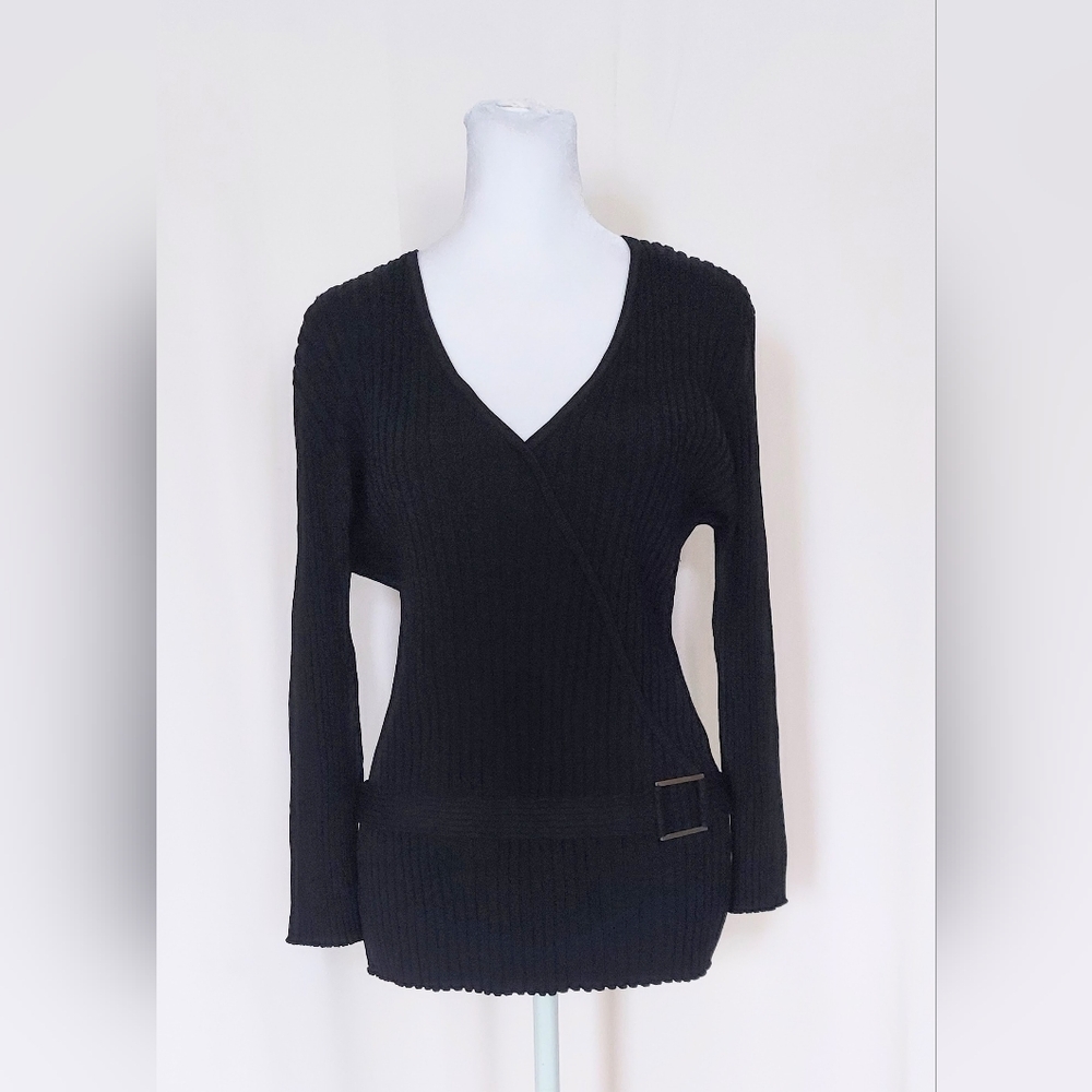 Willi Smith Long Sleeve Ribbed V Neck Belted Waist Sweater Black Size XL